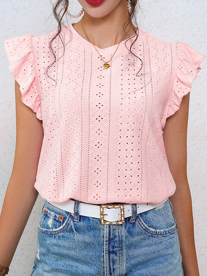 Loose Ruffle Sleeves Hollow Pleated Solid Color Split-Joint Round-Neck T-Shirts Tops