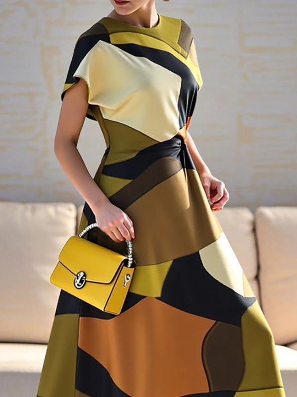 High Waisted Loose Contrast Color Pleated Round-Neck Maxi Dresses