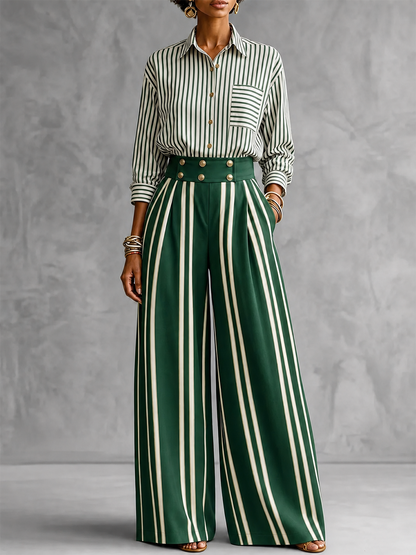 Striped Pockets Contrast Color Buttoned Wide Leg Loose Trousers Pants