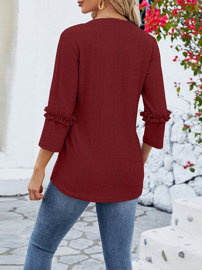 Loose Three-Quarter Sleeves Jacquard Solid Color V-Neck T-Shirts Tops