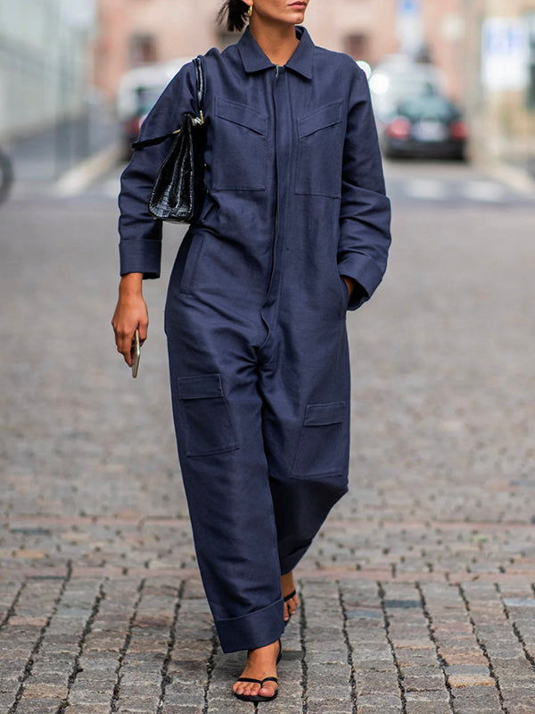 Long Sleeves Loose Solid Color Zipper Lapel Jumpsuits