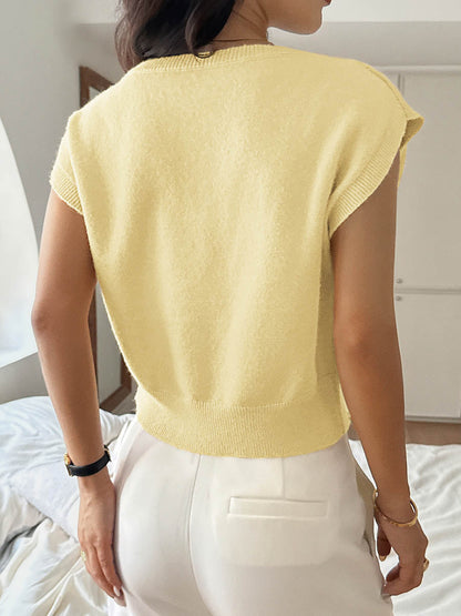 Short Sleeves Flower-Embellished Solid Color Split-Joint One-Shoulder Sweater Tops
