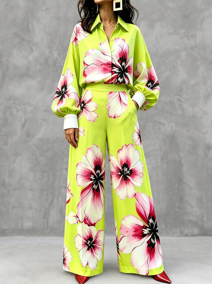 Pockets Flower Print Elasticity Wide Leg High Waisted Trousers Pants