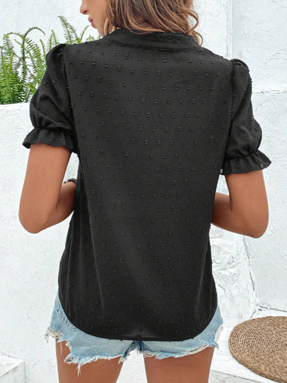 Loose Puff Sleeves Flower-Embellished Contrast Color Jacquard Pleated Ruffled Split-Joint V-Neck Blouses&Shirts Tops