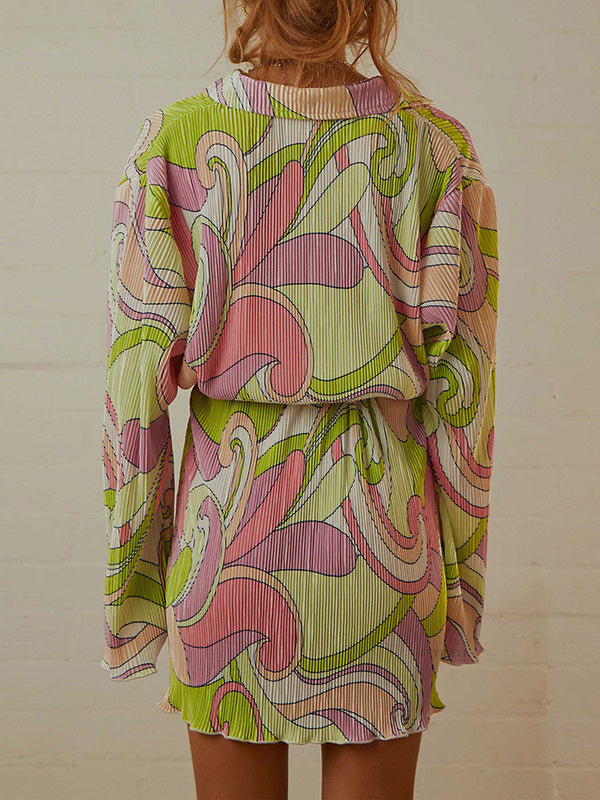 Long Sleeves Loose Buttoned Pleated Printed Tied Waist Lapel Mini Dresses