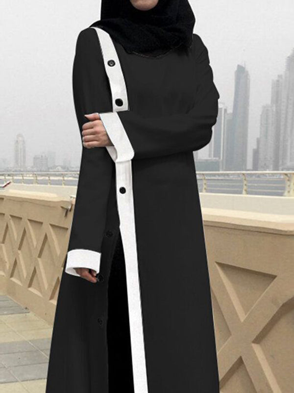 A-Line Long Sleeves Buttoned Contrast Color Split-Front Round-Neck Maxi Dresses