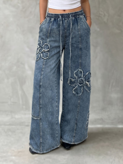 High Waisted Loose Drawstring Elasticity Flower Shape Fringed Solid Color Jean Pants Bottoms