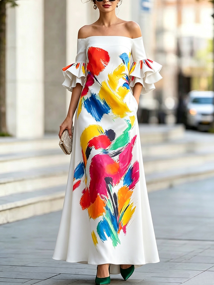 Zipper Printed Pockets Elasticity Contrast Color Ruffle Sleeves Half Sleeves Off-the-shoulder Maxi Dresses