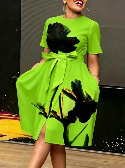 High Waisted Short Sleeves Contrast Color Flower Print Pockets Split-Front Tied Waist Zipper Round-Neck Midi Dresses