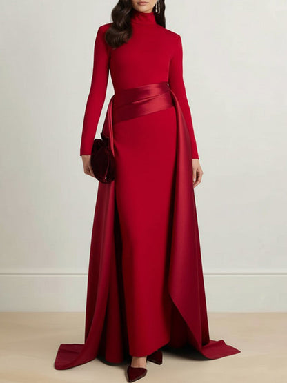 Bodycon Elasticated Waist Asymmetric Solid Color Split-Joint High Neck Maxi Dresses