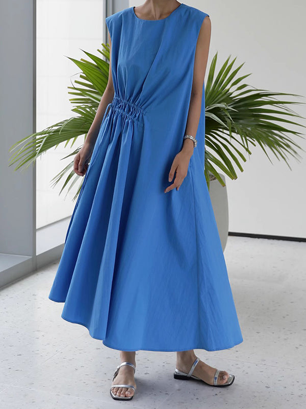 Loose Sleeveless Asymmetric Drawstring Pleated Solid Color Tied Round-Neck Midi Dresses
