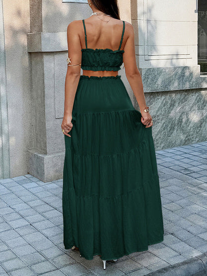 Solid Color Pleated Cropped Ruffled Spaghetti-Neck + A-Line Skirts Bottoms Top Two Pieces Set