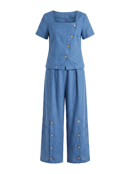 Loose Short Sleeves Buttoned Solid Color Square-Neck Blouses&Shirts Tops