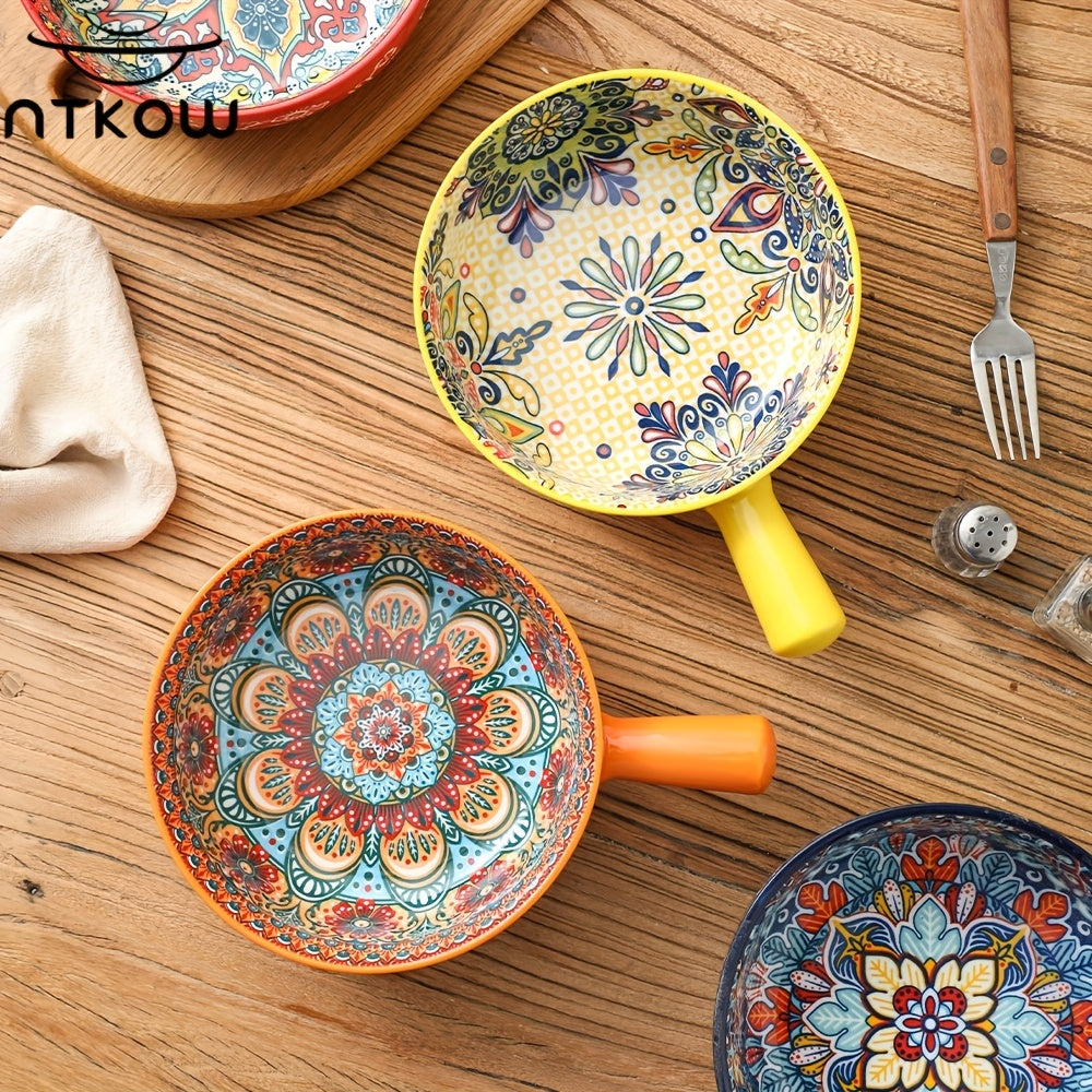 NTKOW 1 Set Of 4pcs The Underglaze Bohemian Carved-handle Bowl Blends Beauty And Practicality. Its Unique Underglaze Craft Ensures Lasting Bright Hues And Safety. The Smooth Carved Handle, Adding Art, Is Easy to Hold for Home