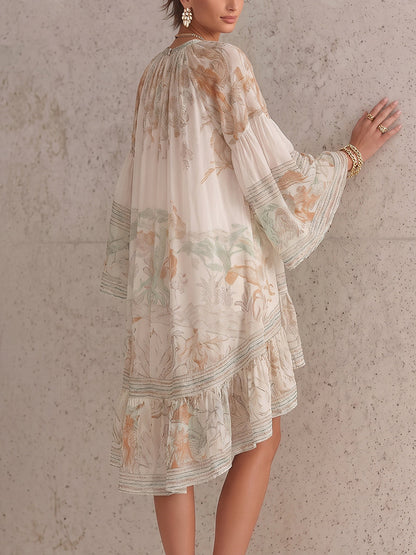 Flared Sleeves High-Low Flower Print Pleated Mock Neck Mini Dresses