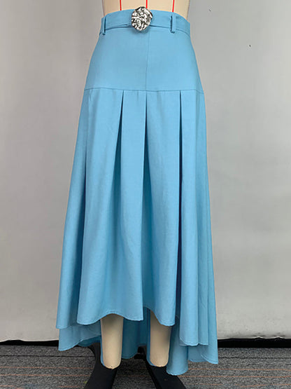 High Waisted High-Low Belted Pleated Solid Color Skirts Bottoms