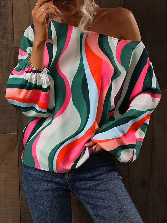 Long Sleeves Loose Asymmetric Printed One-Shoulder Blouses&Shirts Tops