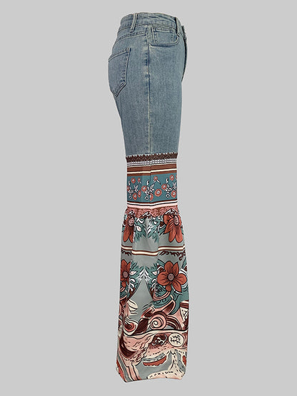 Flared Pants Floral Printed High-Waisted Pockets Jean Pants Bottoms