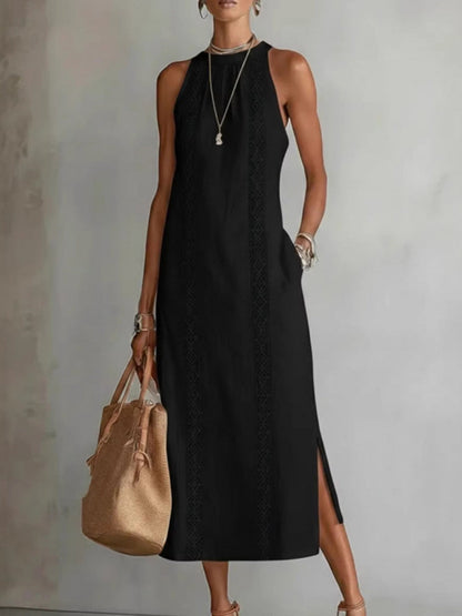 Sleeveless High-Waisted Pockets Printed Solid Color Halter-Neck Midi Dresses
