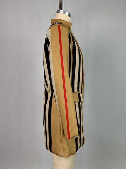 Long Sleeves Loose Buttoned Split-Joint Striped Stand Collar Woolen Coat