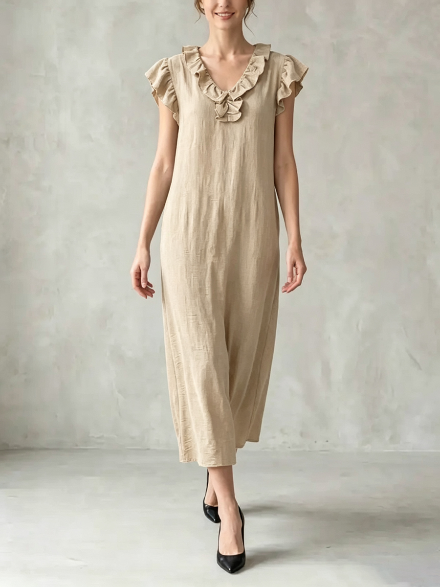 Loose Plus Size Pockets Ruffle Trim Solid Color V-Neck Maxi Dresses