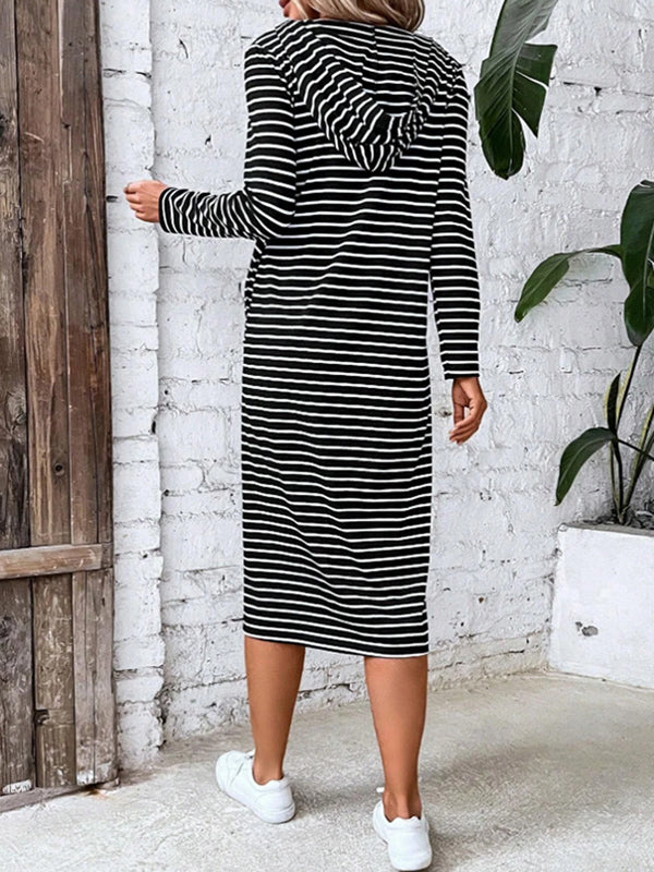Long Sleeves Loose Drawstring Striped Zipper Hooded Midi Dresses