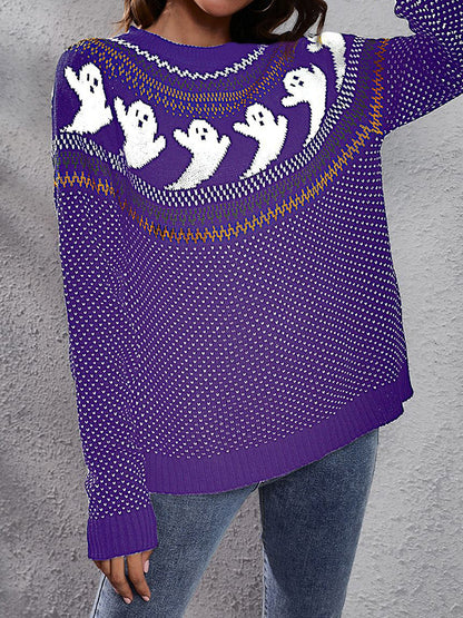 Long Sleeves Loose Contrast Color Printed Round-Neck Knitwear Pullovers Sweater Tops