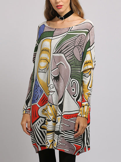 Long Sleeves Loose Figure Printed Boat Neck Knitwear