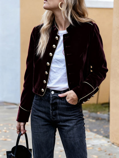 Long Sleeves Buttoned Contrast Color Stand Collar Jackets Outerwear