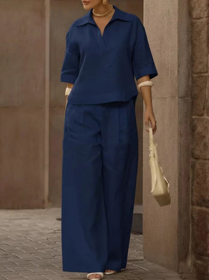 Solid Color Half Sleeves Lapel Blouses&Shirts Tops +  High Waisted Pleated Trousers Pants Two Pieces Set