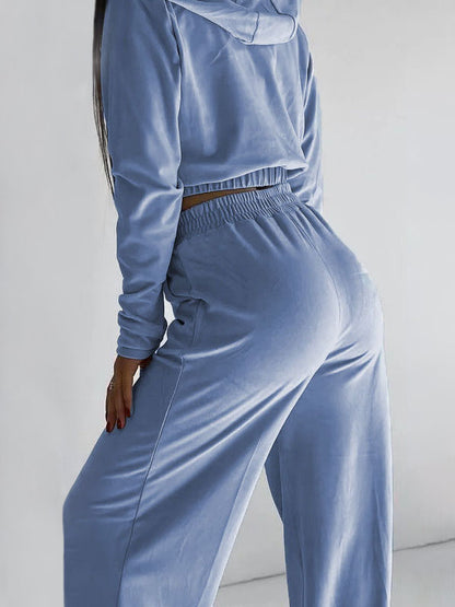 Solid Color Elasticity Long Sleeves Hooded Zipper V-Neck Outerwear Top + High Waisted Pants Bottom Two Pieces Set
