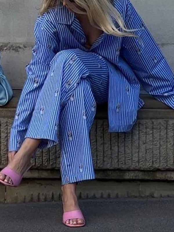 Long Sleeves Buttoned Cartoon Printed Contrast Color Striped Lapel Blouses Tops + Tied Waist High Waisted Pants Bottom Two Pieces Set