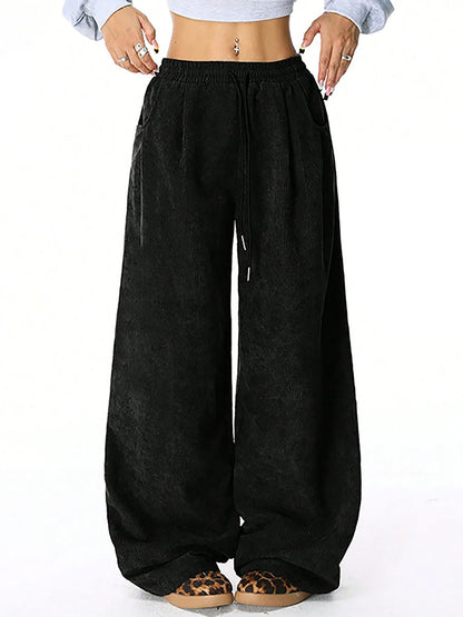 High Waisted Wide Leg Drawstring Elasticity Pockets Solid Color Pants Trousers