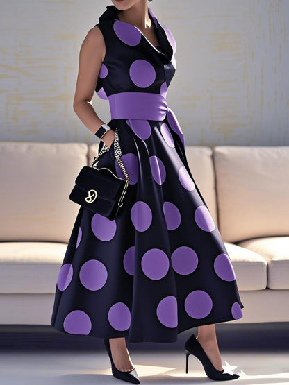 A-Line Loose Pockets Polka-Dot Split-Joint Tied Waist Lapel Maxi Dresses Shirt Dress