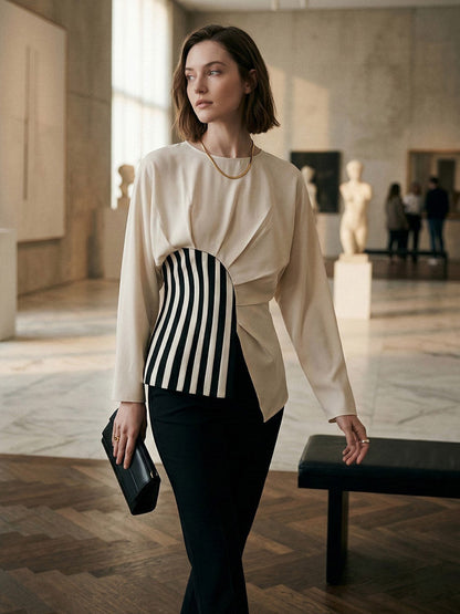 Irregularity Long Sleeves Asymmetric Pleated Split-Joint Striped Zipper Round-Neck Blouses&Shirts Tops