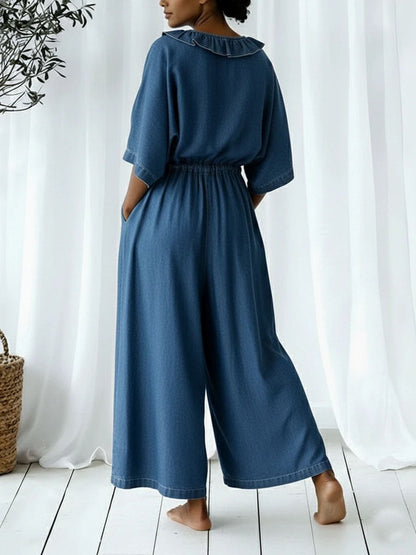 Solid Color Ruffle Trim Pockets Elasticity Drawstring Buttoned Wide Leg Loose V-neck Jumpsuits
