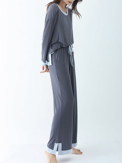Long Sleeves Loose Contrast Color Round-Neck Two Pieces Pajama Set