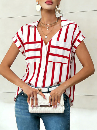 Loose Short Sleeves Buttoned Contrast Color Pockets Striped Lapel Blouses&Shirts Tops