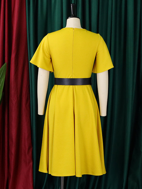 Irregular Clipping Plus Size Belted Solid Color Round-Neck Midi Dresses