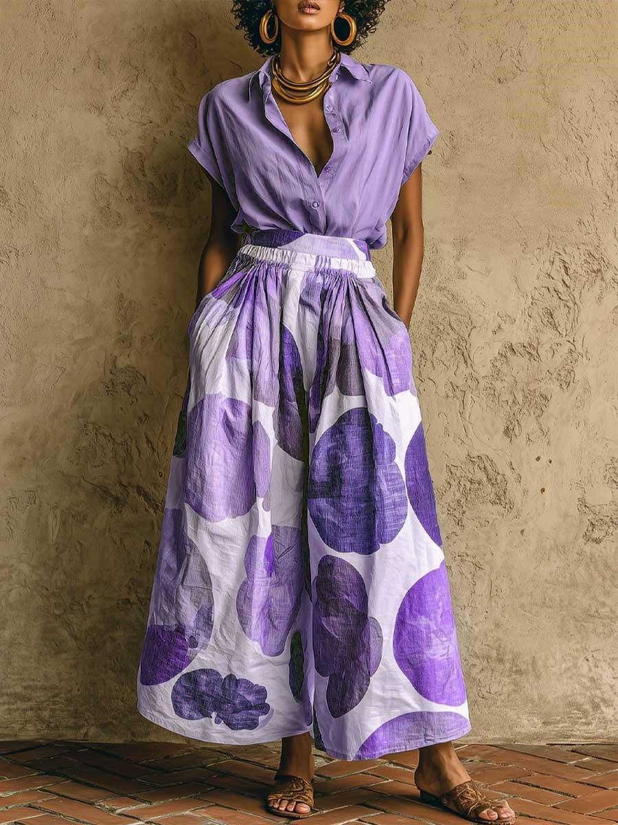 Loose Wide Leg Buttoned Elasticity Pockets Printed Lapel Two Pieces Set