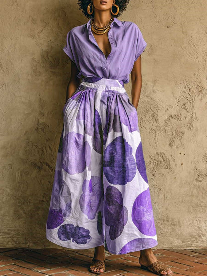 Loose Wide Leg Buttoned Elasticity Pockets Printed Lapel Two Pieces Set