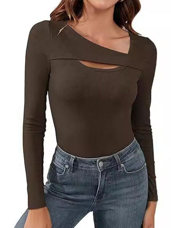 Long Sleeves Skinny Asymmetric Hollow Solid Color Split-Joint V-Neck T-Shirts