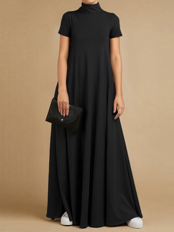 Loose Short Sleeves Solid Color Stand Collar Maxi Dresses