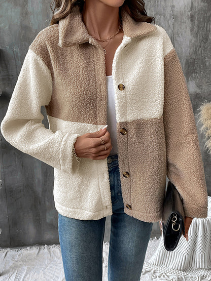 Long Sleeves Loose Buttoned Contrast Color Velvet Lapel Outerwear