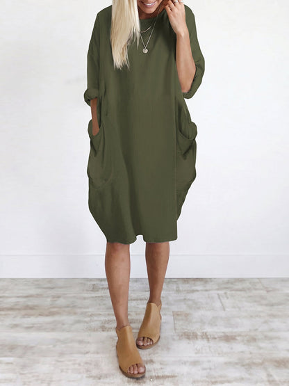 Long Sleeves Loose Pockets Solid Color Round-Neck Mini Dresses