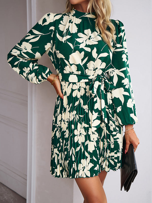 High Waisted Long Sleeves Flower Print Pleated Tied Waist Mock Neck Mini Dresses