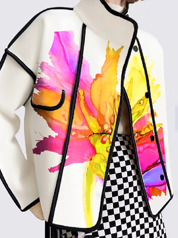 Long Sleeves Loose Buttoned Flower Print Pockets Split-Joint Stand Collar Outerwear