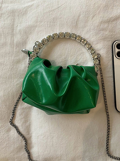 Chains Pleated Rhine Stones Zipper Handbags