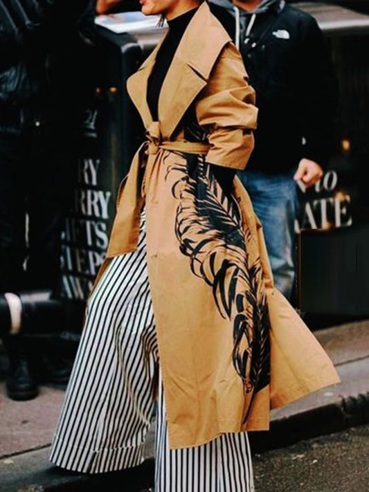 Long Sleeves Loose Printed Split-Joint Tied Waist Lapel Outerwear Trench Coats