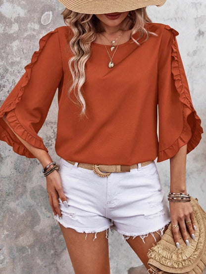 Batwing Sleeves Long Sleeves Ruffled Solid Color Split-Joint Round-Neck Blouses&Shirts Tops
